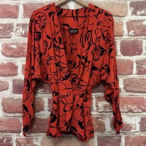 Vintage Carole Little Top Women's L Red Tropical Floral Neck Dolman Sleeves